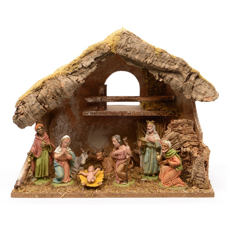Creche bois set/8 santons poly 38x18x29cm multi